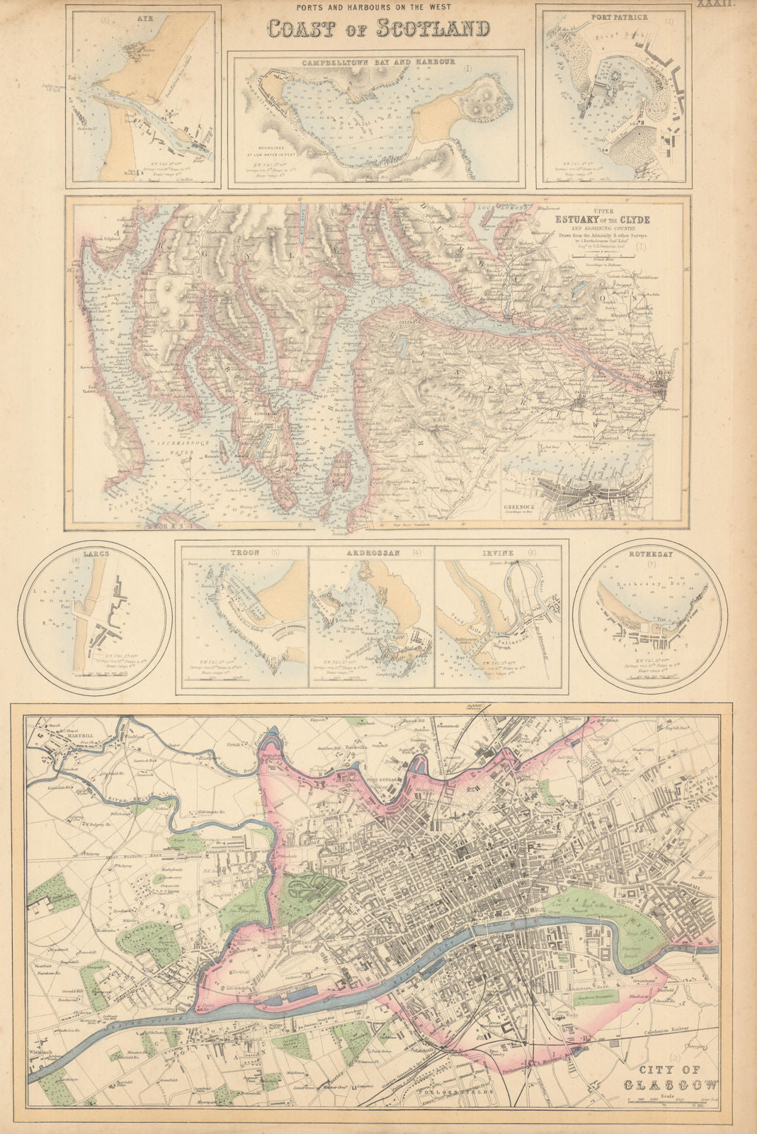 Scotland West Ports. Clyde Glasgow Ayr Campbelltown Largs Troon Irvine c1863 map
